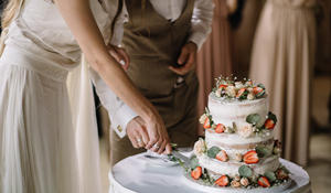 A couple cutting a cake at a wedding