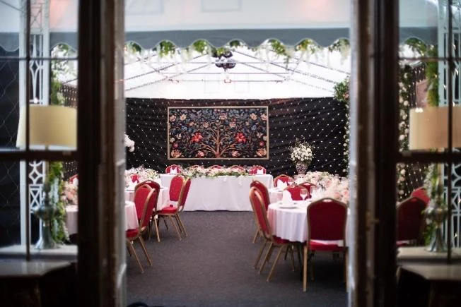The Star Chambers Marquee at Stone Court House set for a wedding reception